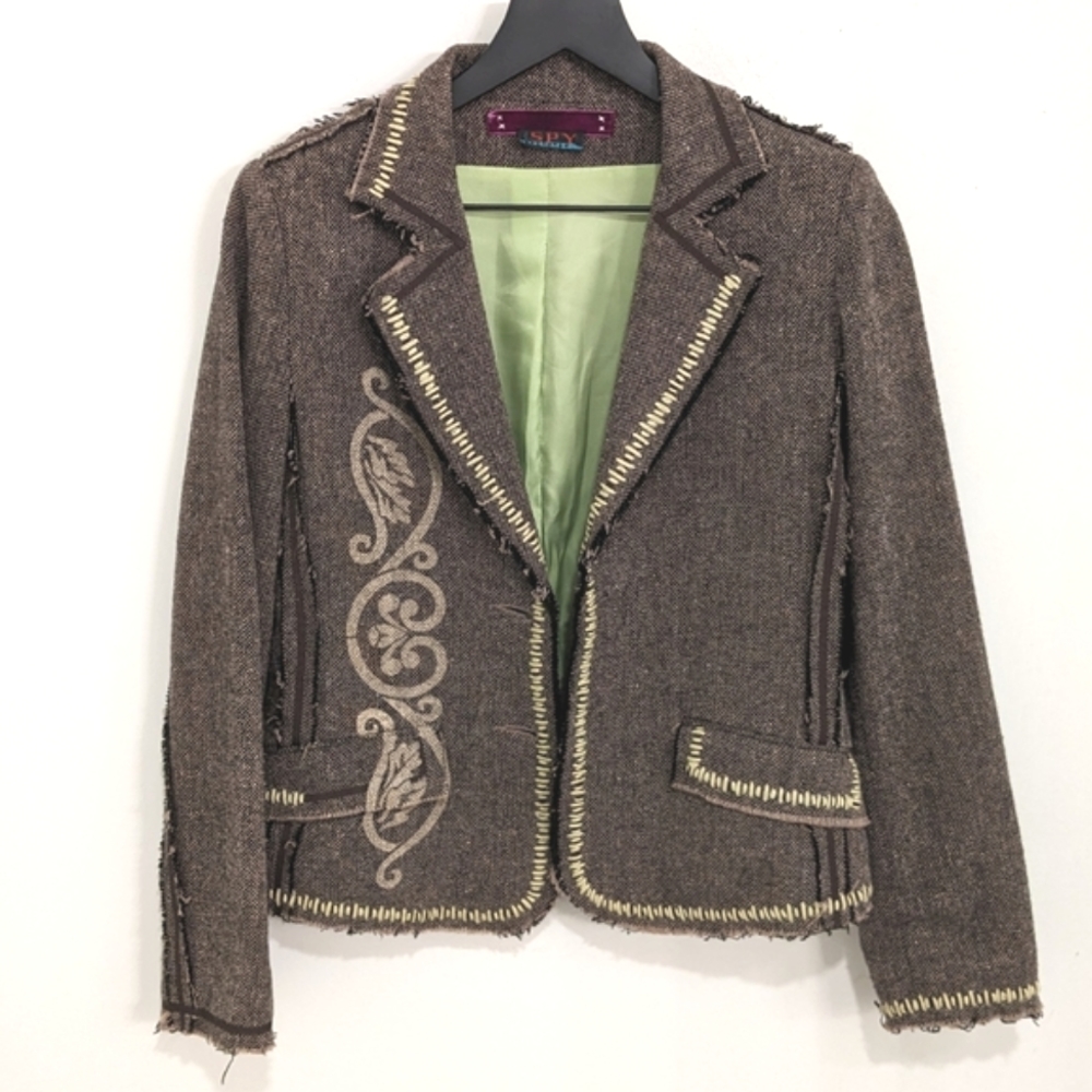 Spy Zone Exchange Wool Blend Boho Chic Distressed Blazer Jacket Flaw